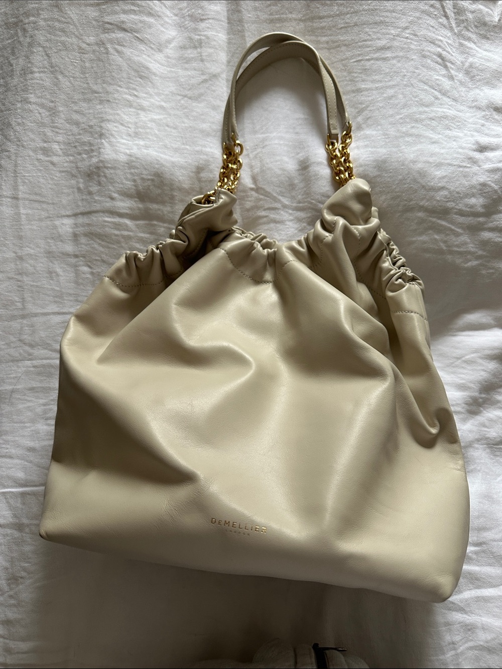 Demellier Cream Soft Ruched Leather Tote with Gold Chain